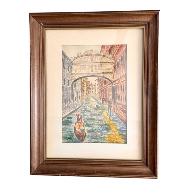 Vintage Carti Grazia Original Watercolor – The Bridge of Sighs, Venice – Signed For Sale