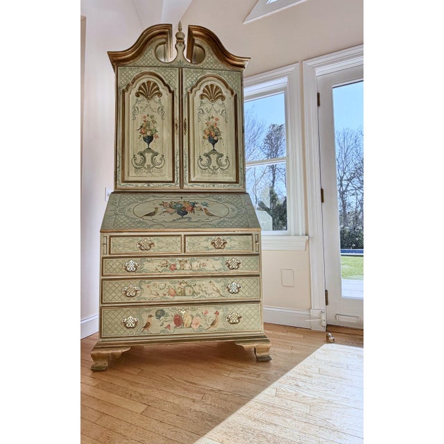 Custom Chinoiserie Style Shadow Sage Green Floral Hand Painted Secretary Desk For Sale - Image 18 of 18