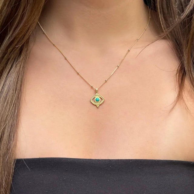 Turquoise Evil Eye Pendant Stylish Gold Chain Necklace For Sale - Image 4 of 8
