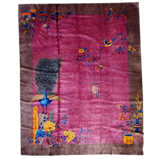 Burgundy 1920s Antique Handmade Art Deco Chinese Rug For Sale - Image 8 of 8