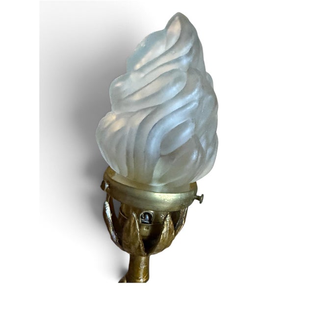 Metal Fulvio Bianconi Style Murano Blue Art Neoclassical Gilt Mercury/Hermes Figural Newel Floor Lamp With Frosted Flame Shade For Sale - Image 7 of 7