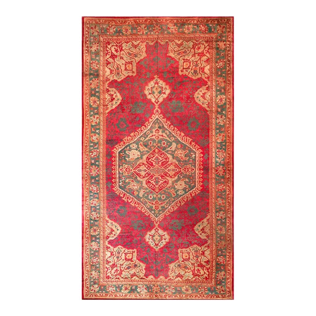 1930s Red-Green Medallion Antique Turkish Oushak Rug 12' X 23' Handknotted Wool Carpet For Sale