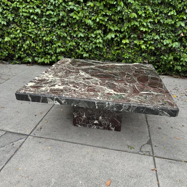 Beautiful Rosso Levanto Postmodern Marble Coffee Table. monolithic square size with flares of quartz and malachite veins....