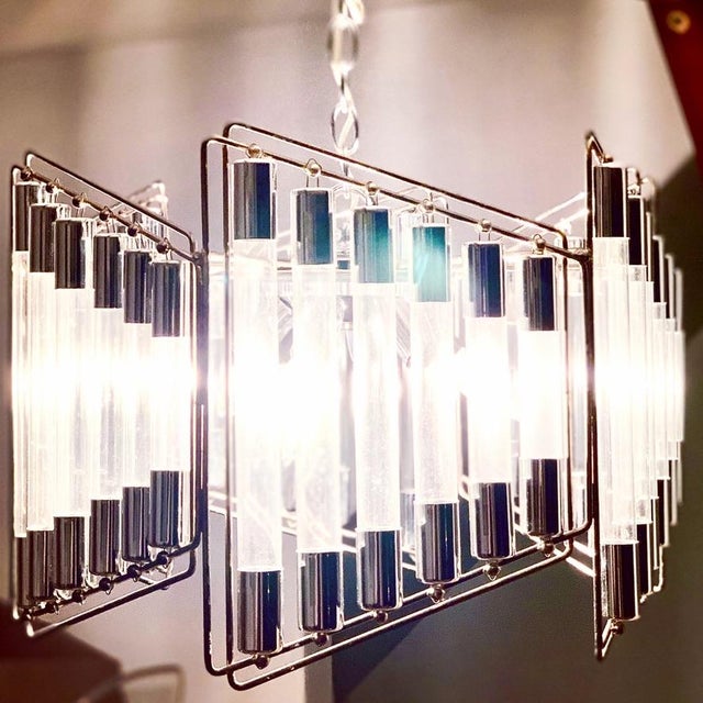 Mid-Century Italian Modern Sciolari Trapezoidal Tubular Glass & Steel Chandelier