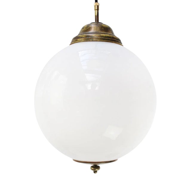Vintage Pendant Lamp in White Opaline Glass and Brass For Sale