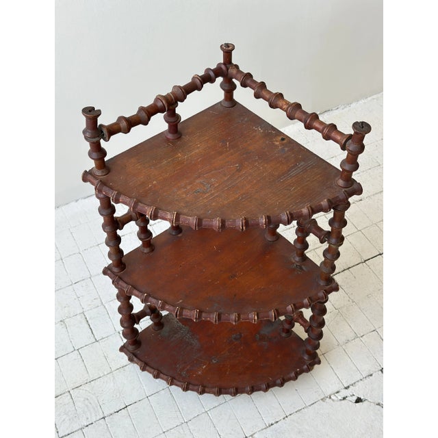 Wood Antique Folk Art Three-Tier Spool Corner Shelf, Circa Early 20th Century For Sale - Image 7 of 18