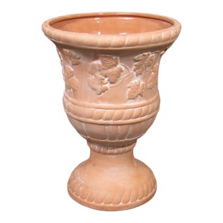 1970s Vintage Neoclassical Ceramic Pedestal Urn Planter With Grape Leaves For Sale