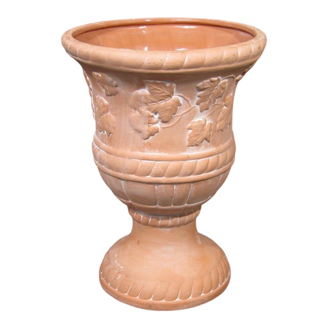 1970s Vintage Neoclassical Ceramic Pedestal Urn Planter With Grape Leaves For Sale