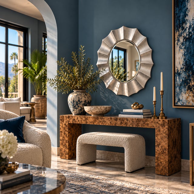 A large 41 silver-leaved modern wall mirror that's effective for adding a striking glam Hollywood Regency accent to your...