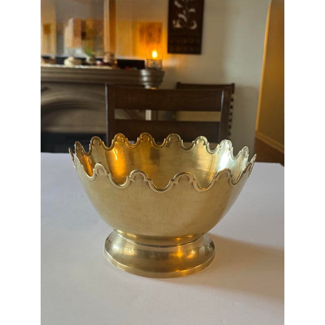 Mid-Century Modern Mid 20th Century Solid Brass Pedestal Bowl With Scalloped Crown Rim For Sale - Image 3 of 10