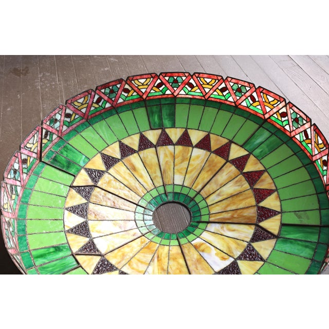 1930s Tiffany / Handel Era Large 33 Inch Diameter Geometric Leaded Stain Glass Shade - Colorful For Sale - Image 10 of 10