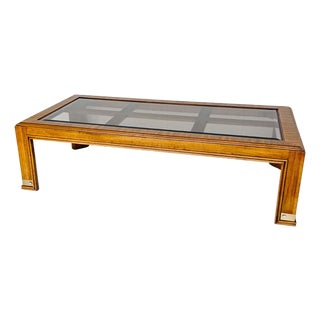 Vintage Drexel Heritage Mid-Century Modern Oak Coffee Table With Brass Inlay & Beveled Glass For Sale
