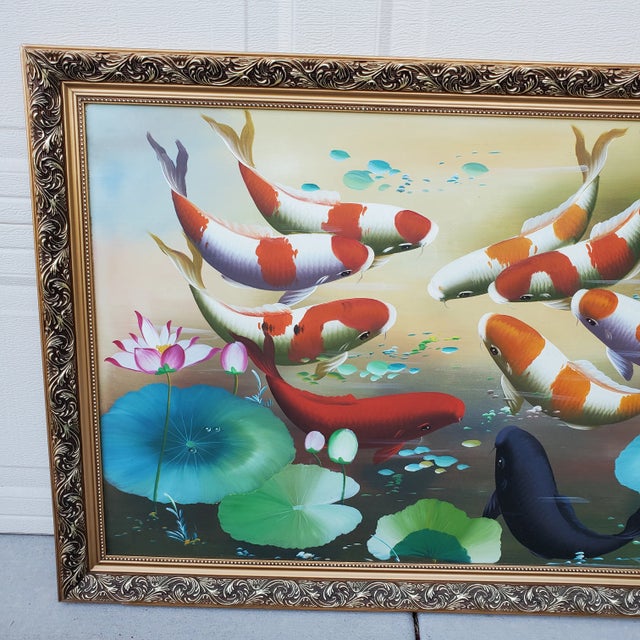 Vintage Koi Fish Painting Framed Oil on Board For Sale - Image 10 of 12