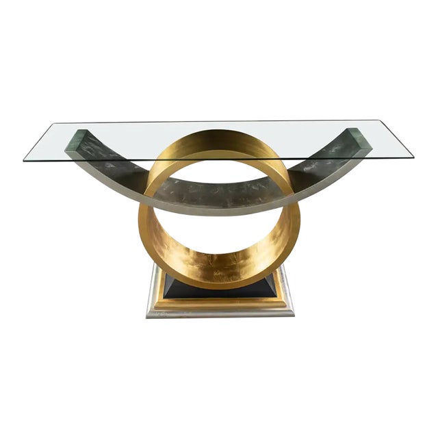Late 20th Century Art Deco Revival to Postmodern Sofa or Console Table Geometric Gold and Silver Leaf Base For Sale