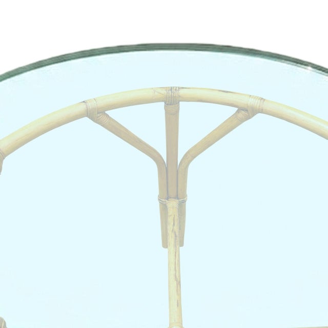 Wood Restored Mid-Century Round Glass Top 3-Strand Rattan Dining Table For Sale - Image 7 of 7