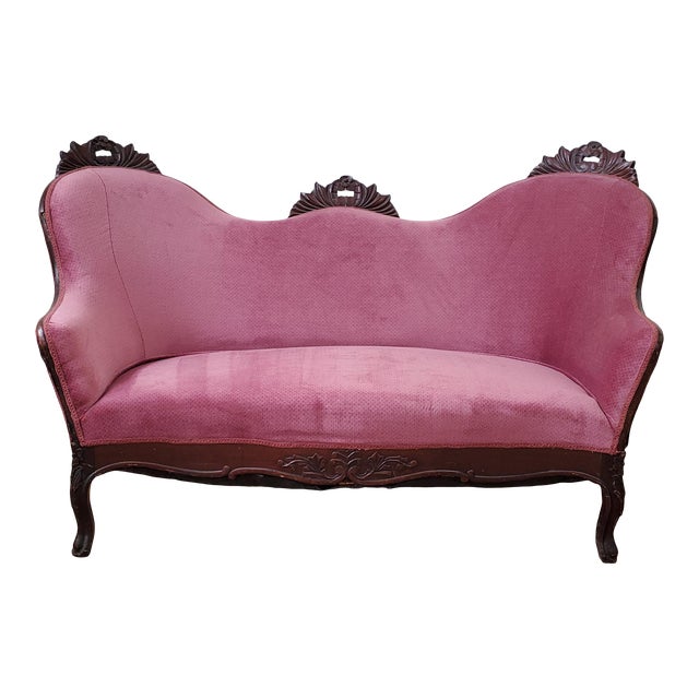 Antique Victorian Carved Wood CamelBack Pink Velvet Loveseat Chairish