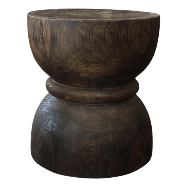 Round Teak Wood Side Table, Dark Brown Finish, Hour Glass Design, Modern Organic For Sale