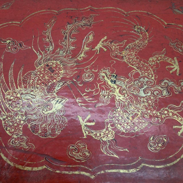Vintage Chinese Gilt Red Lacquer Leather Document Box With Dragon & Phoenix For Sale - Image 13 of 14