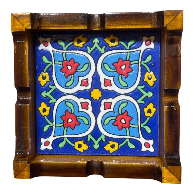 1990s Flower Motif Ceramic Ashtray in Wood Frame For Sale