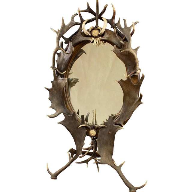 Brown Large Antique Antler Standing Mirror, Germany Ca. 1890 For Sale - Image 8 of 8