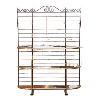 Early 20th C. French Wrought Iron and Brass Baker’s Rack With Glass Shelves For Sale