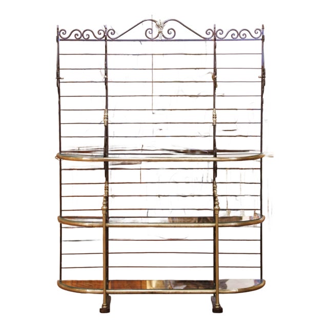 Early 20th C. French Wrought Iron and Brass Baker’s Rack With Glass Shelves For Sale