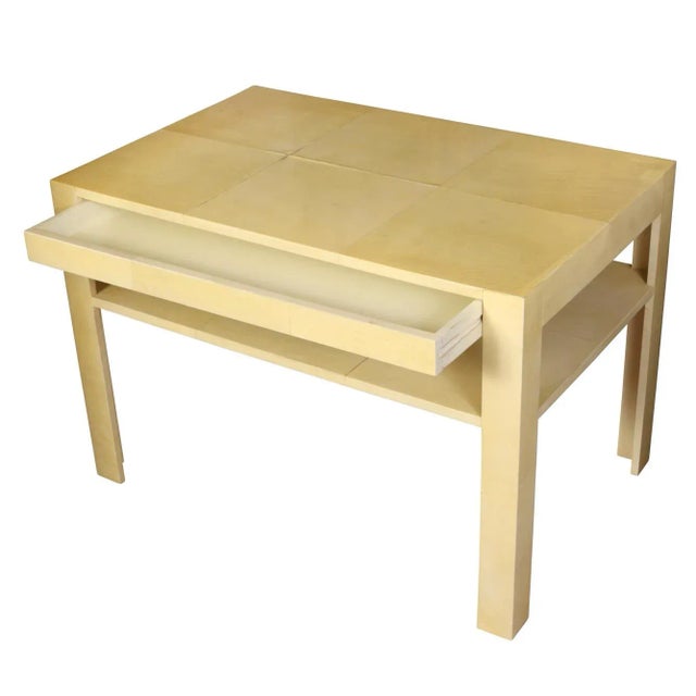 Vintage Karl Springer style goatskin side table with a single drawer and shelf. A chic Mid-Century Modern table in pale...