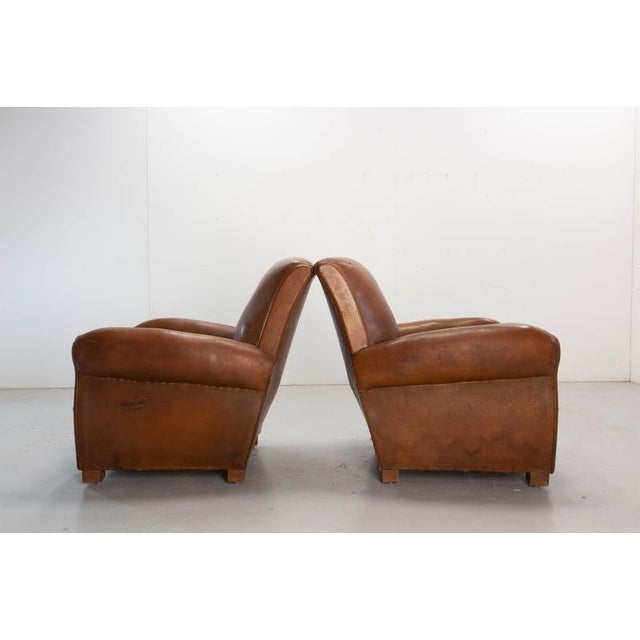 1930s Antique French Club Armchair Fauteuil Cognac Leather and Fabric, 1930, Set of 2 For Sale - Image 5 of 16