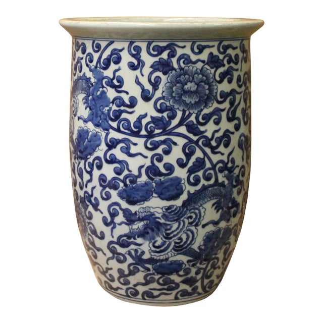 Chinese Blue White Double Dragons Scroll Pattern Tall Porcelain Pot For Sale