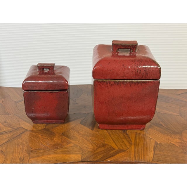 Glazed Ceramic Lidded Canisters, Set of Two For Sale - Image 4 of 12