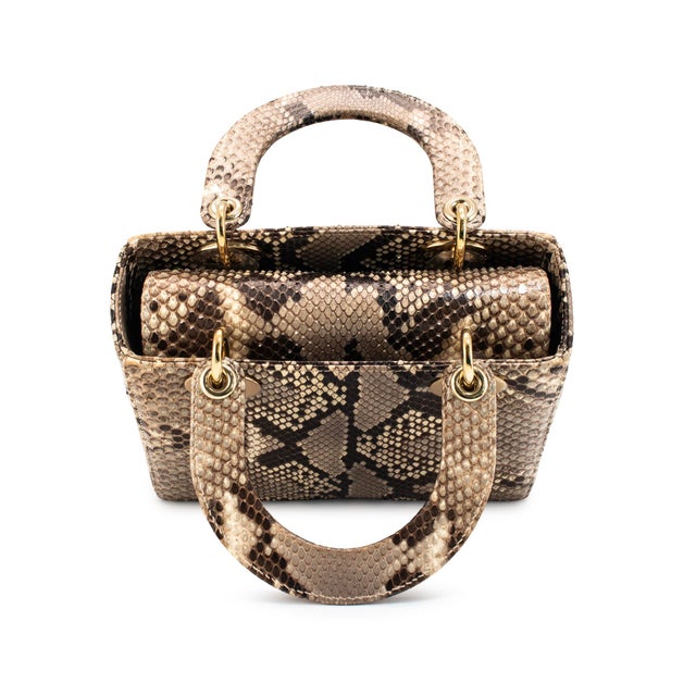 Brown Christian Dior Lady Dior Python Snakeskin Gold Hardware Top Handle Bag For Sale - Image 8 of 12