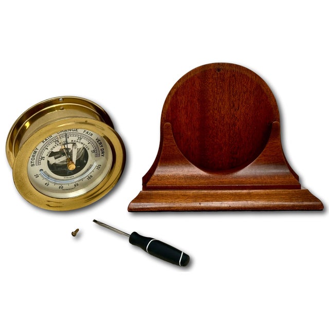 Fine Vintage Mid 20th Century Brass & Mahogany Ships Barometer & Thermometer by Esteemed Boston Maker "Chelsea" For Sale - Image 10 of 18