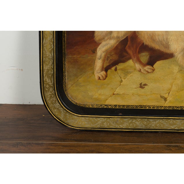 English 19th Century Painted Tôle Tray Depicting Playful Dogs and Turtle Doves For Sale In Atlanta - Image 6 of 11