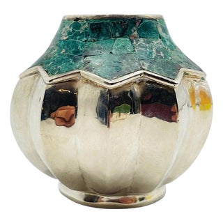 Vintage Emilia Castillo Malachite Silver Vase, Taxco Mexican Modernism For Sale