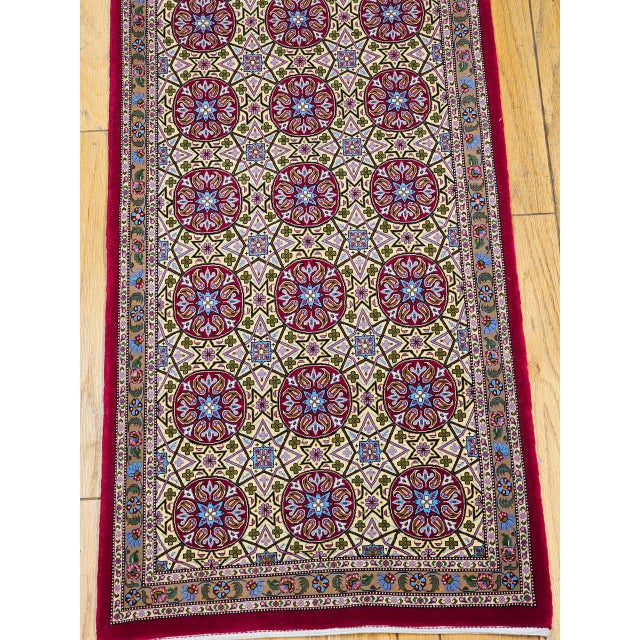 Textile Vintage Persian Qum Runner Rug, Hand-Knotted Wool, Allover Geometric Pattern, 3x13, Tan & Red For Sale - Image 7 of 14