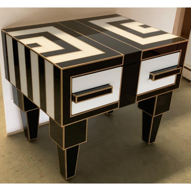 Pair of Mirrored & Brass Nightstands With OneDrawer in Black & White