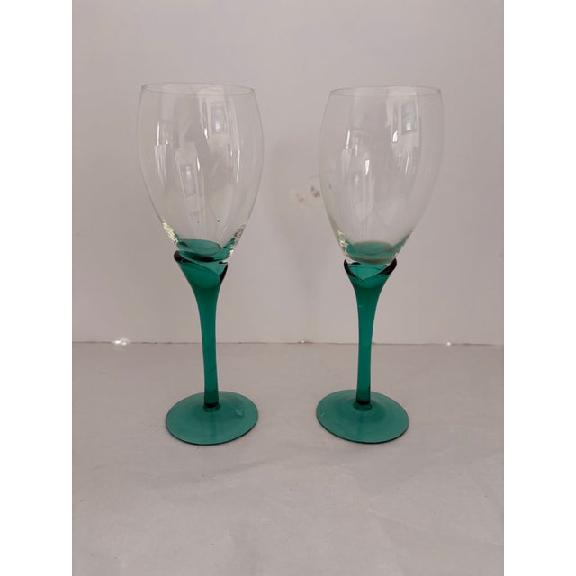 Vintage Mid-Century Modern Art Glass Wine Goblets With Emerald Green Stems - a Pair For Sale In Indianapolis - Image 6 of 6