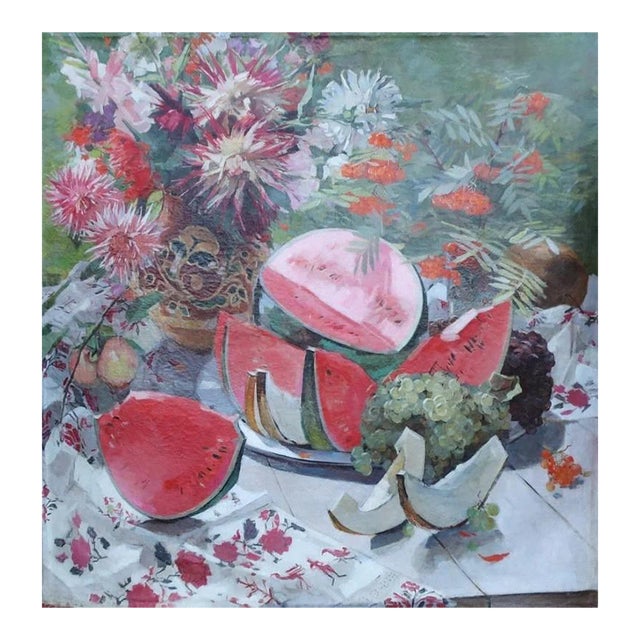 Vintage Still-Life Oil Painting: Flowers and Watermelon, Ukrainian Art 1970s For Sale