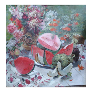 Vintage Still-Life Oil Painting: Flowers and Watermelon, Ukrainian Art 1970s 140-138