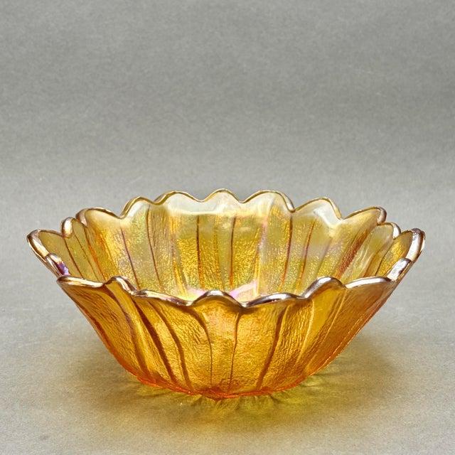 Glass Vintage Indiana Glass Marigold Carnival Glass “Sunflower” Ruffled Bowl For Sale - Image 7 of 9