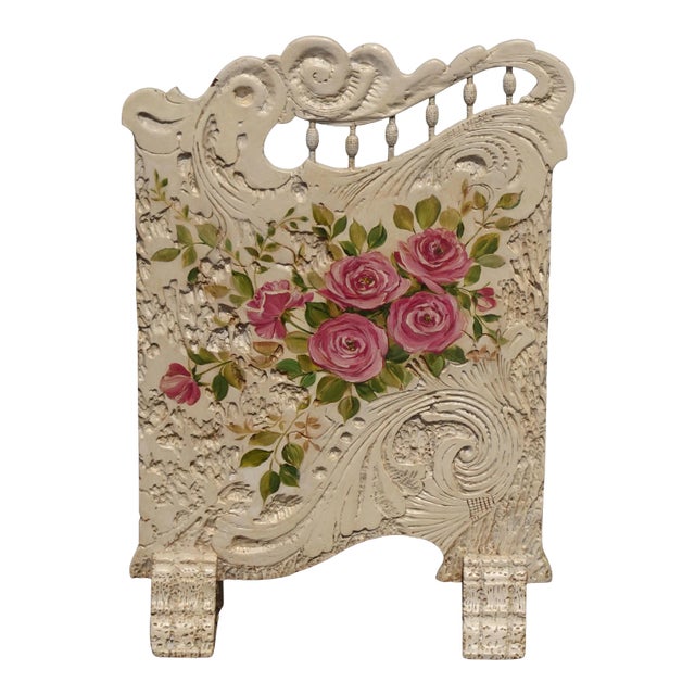 Vintage French Country White Wood Pink Floral Fireplace Screen Room Decor For Sale