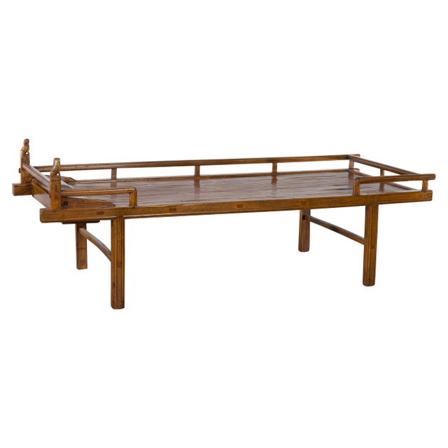 19th Century Chinese Qing Dynasty Elm & Bamboo Seat Daybed with Guardian Lions For Sale - Image 10 of 13