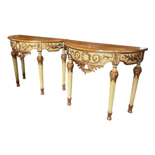 Console Tables in Lacquered and Gilded Fir Wood with Marbled Top, 1970s, Set of 2 For Sale