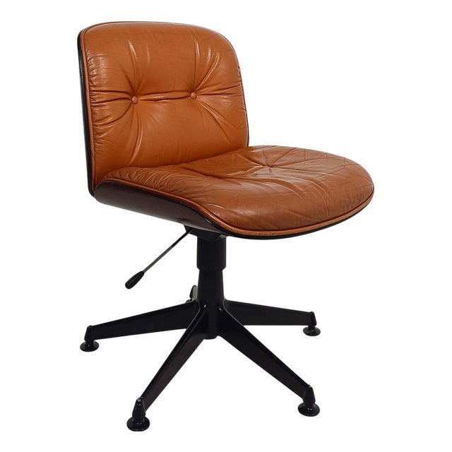 Cognac Leather and Rosewood Desk Chair attributed to Ico Parisi for MiM Roma, Italy, 1960s For Sale