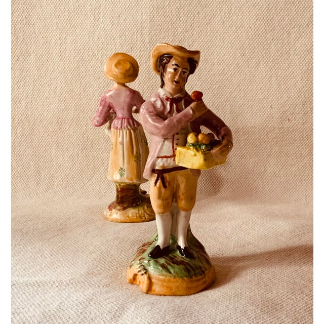 English Enchanting Pair of C1900 Staffordshire Lovers - Hand-Painted Clay Figures For Sale - Image 3 of 12