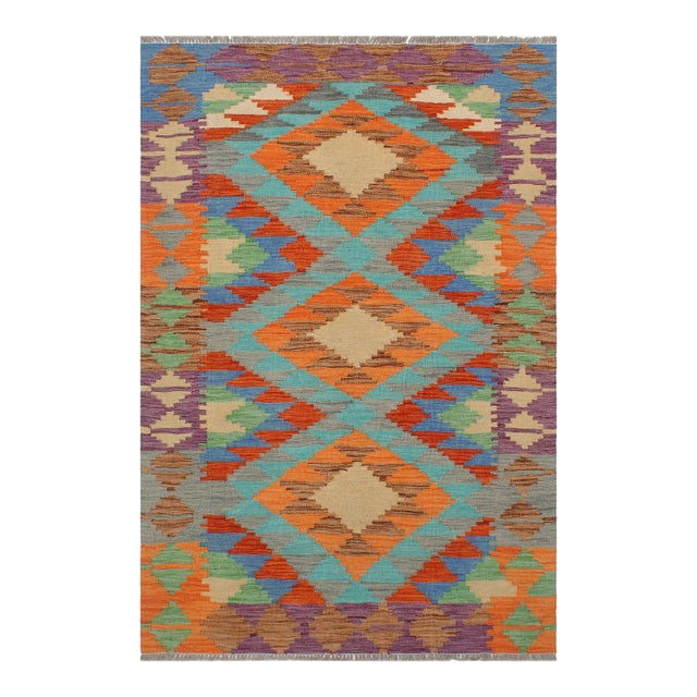 Rustic Kilim Blue Rust Wool Rug - 3'3" X 4'10" For Sale