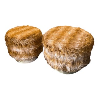 Two 1970s Mid-Century Modern Brass and Fabric Poufs " Him and Her " For Sale