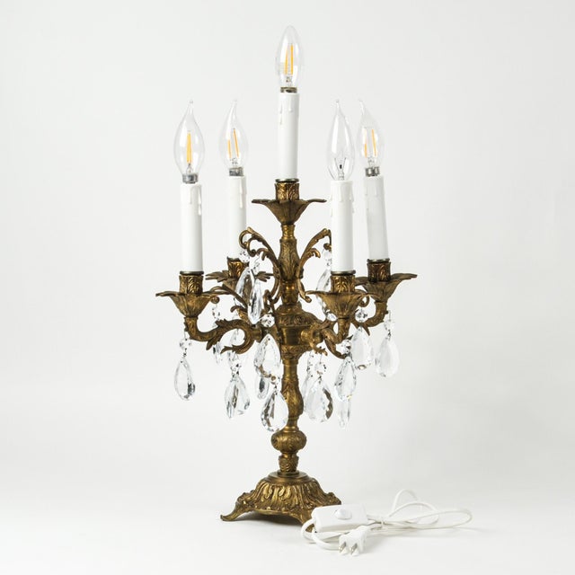 Vintage Brass and Crystal Table Chandelier 5 Arm Candelabra Lamp For Sale - Image 13 of 15