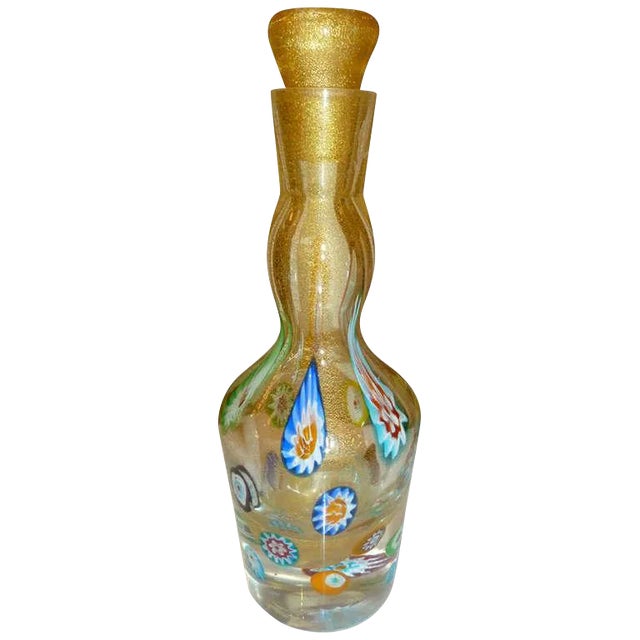 Vintage Murano Fratelli Toso Decanter Bottle With Gold Aventurines and Murrines, 1950's For Sale