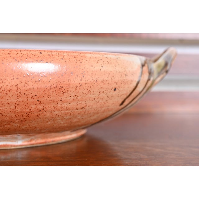 Large Painted Glazed Ceramic Studio Pottery Bowl With Handles From